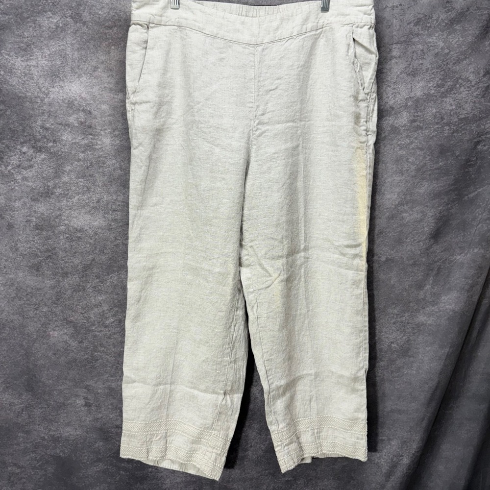 Chico's Linen Pull On Cropped Pants Size 3 XL Beige Embroidered Hem Lagenlook